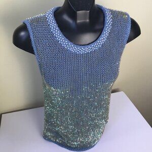 Mac & Jac Vintage Y2K Sleeveless Sweater Beads Sequins Metallic Top Blue Preppy